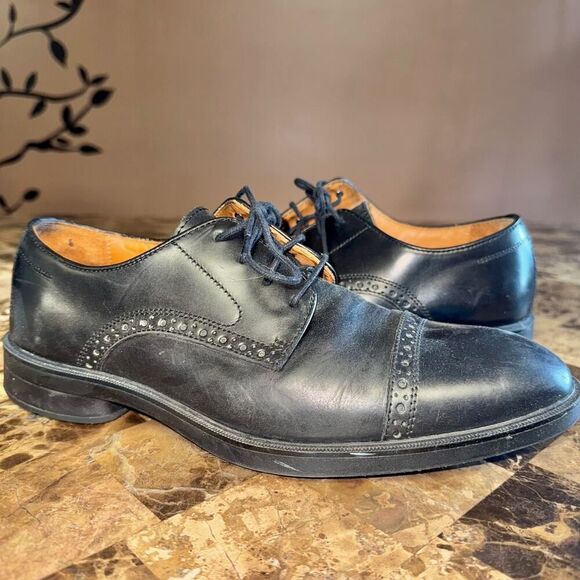 Johnston & Murphy Men's Lewis Leather Cap Toe Brogue Detail Oxfords Black 9M - Picture 1 of 14